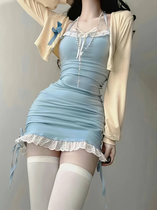 Sexy Blue Halter Neck Two-Piece Dress Set with Ribbon Detail - Polyester, Lace Trim, Long Sleeve Cardigan, All-Season Fashion, Casual Attire|Ribbon Accent|Polyester Fabric, Sexy Dresses