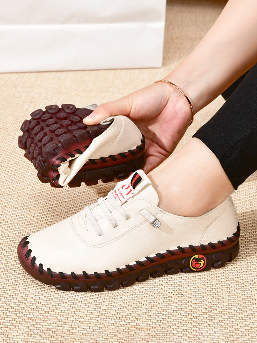 Women's Beige & Burgundy Round-Toe Casual Shoes - All-Season Synthetic Cover-like Upper with Cushioned PVC Sole, Round-Toe Walking Shoes for Square Dance, Dance Practice, Daily Wear - Comfortable Dress Footwear (Hand Washable