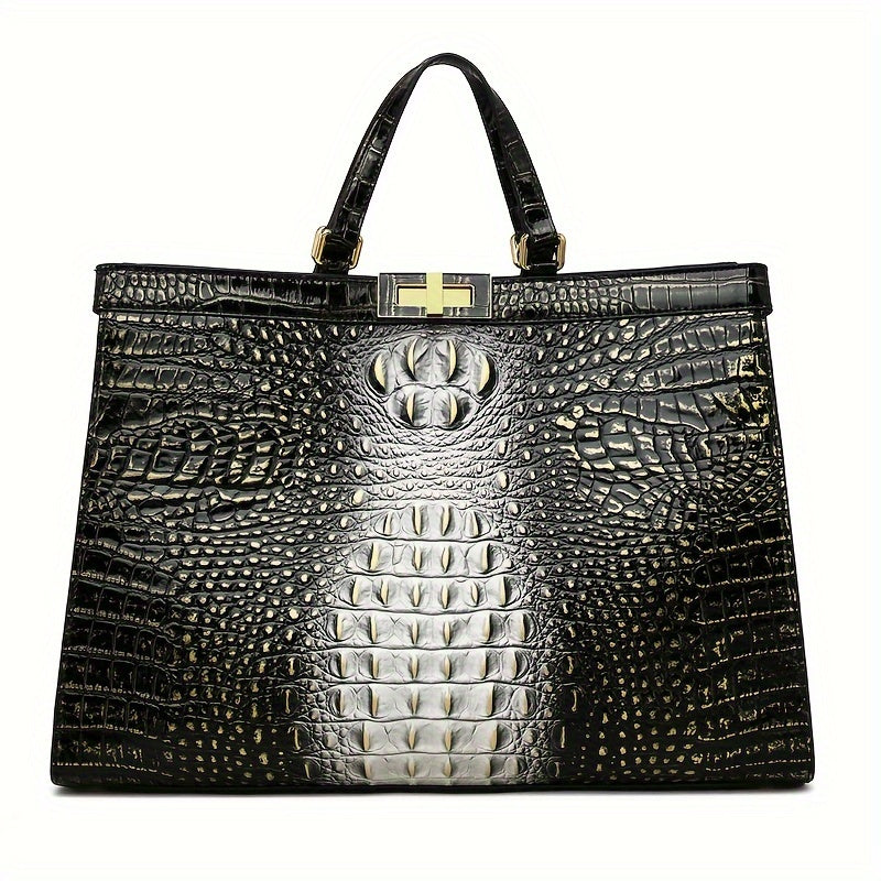 Elegant Crocodile-Embossed Tote Bag For Women - Chic Pu Leather Shoulder Handbag With Secure Twist Lock Closure, Perfect For Work & Everyday Fashion Leather Handbags For Women Leather Handbag