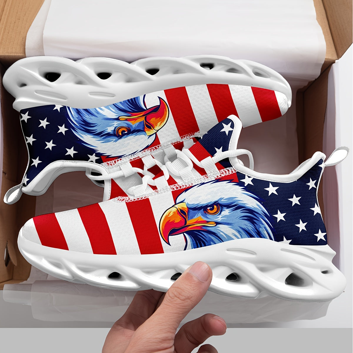 Women's American Flag & Eagle Patriotic Sneakers - Red White &  Low-Top Sneakers with Arch, Cushioned Sole, All-Season Comfort - Ideal for Casual, Sports & 4th of July Events - Breathable Mesh & Lace-Up Closure - Lightweight