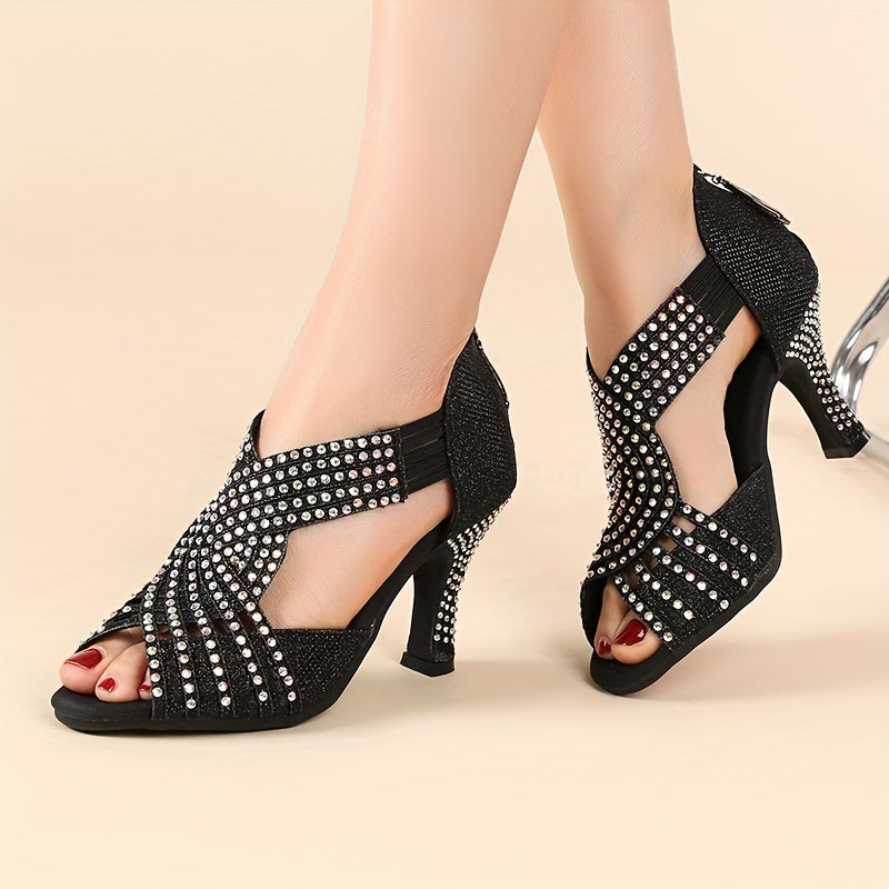 Black Color Rhinestone High Heels, Sexy Beautiful Fashion Women's Shoes, Sandals, Dance Shoes, Latin Dance Shoes For Music Festival