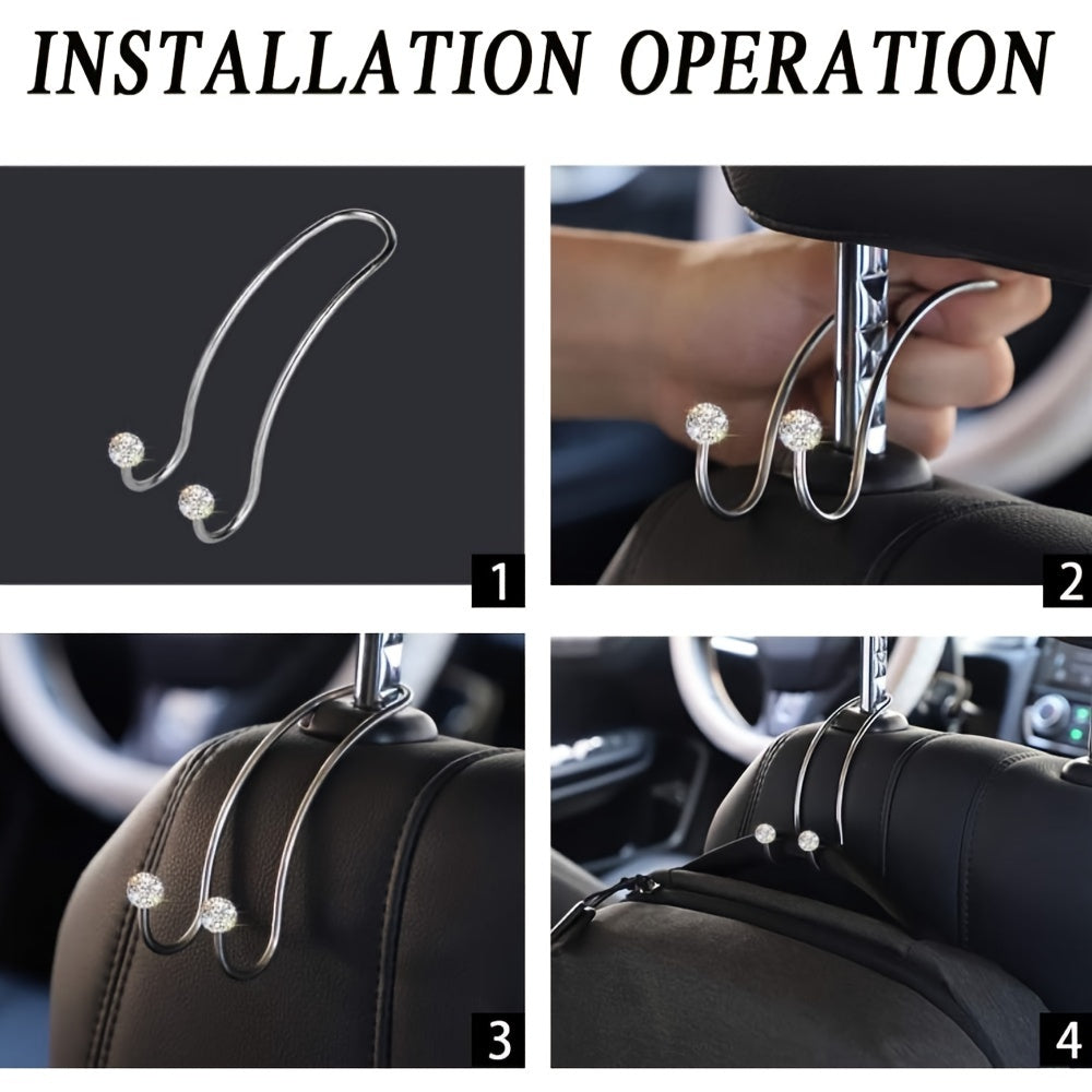 Fashion Car Headrest Hooks with Crystal Decoration - 2 Pack, Durable Metal Auto Backseat Hanger, Easy Installation, Wall Mount Option, Polished Finish, Multifunctional for Handbags, Clothes & Accessories