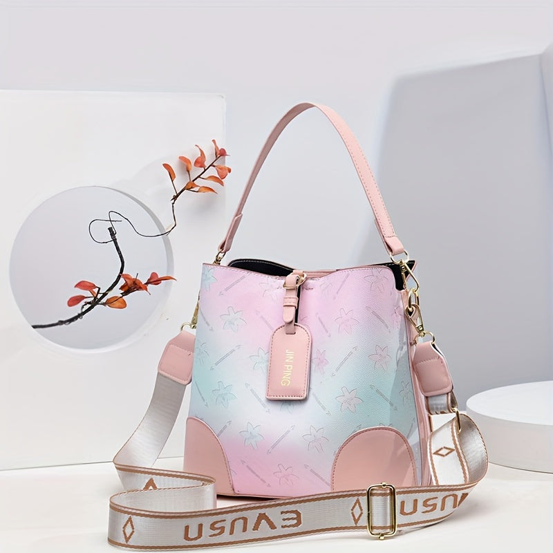 Trendy Ombre Bucket Bag, Letter Print Handbag, Fashion Buckle Decor Handbags, Women'S Every Day Purses