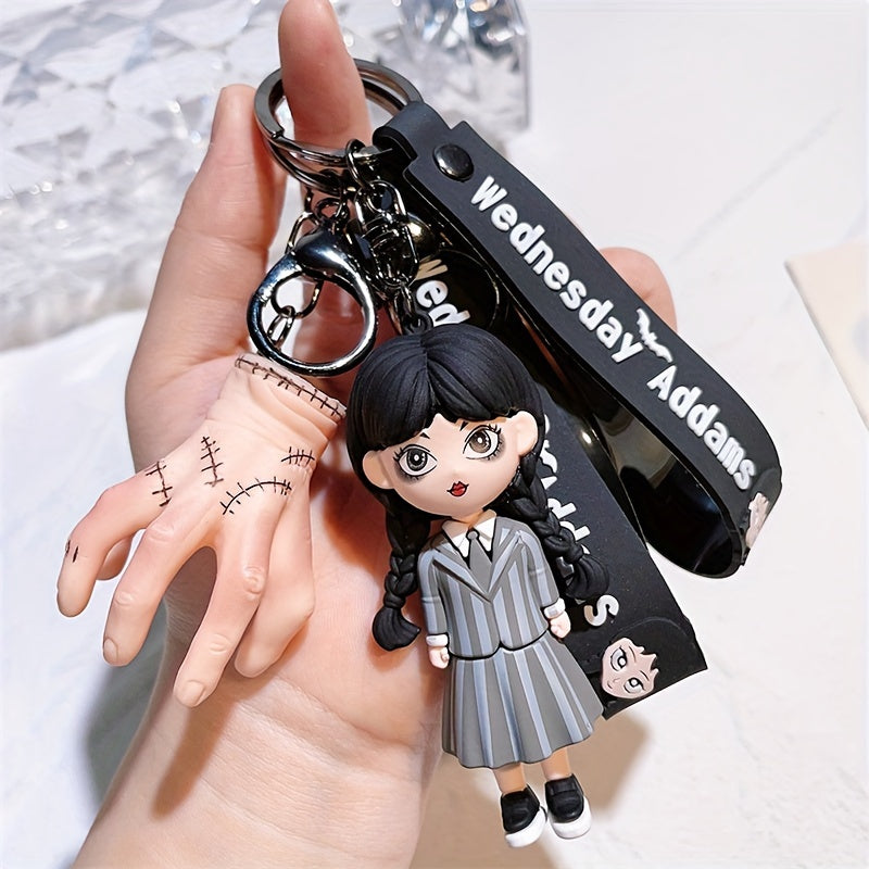 Wednesday Addams-Inspired Keychain, Doll Figure Accessory, Black With Polka Dots, Durable PVC Material, Perfect For Handbags And Party