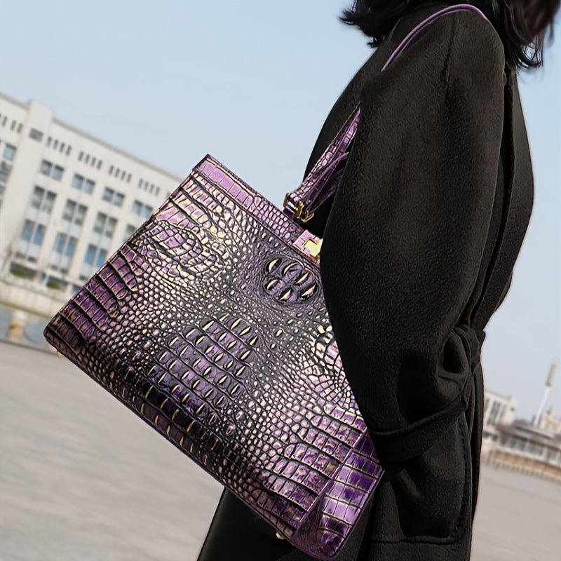 Elegant Crocodile-Embossed Tote Bag For Women - Chic Pu Leather Shoulder Handbag With Secure Twist Lock Closure, Perfect For Work & Everyday Fashion Leather Handbags For Women Leather Handbag
