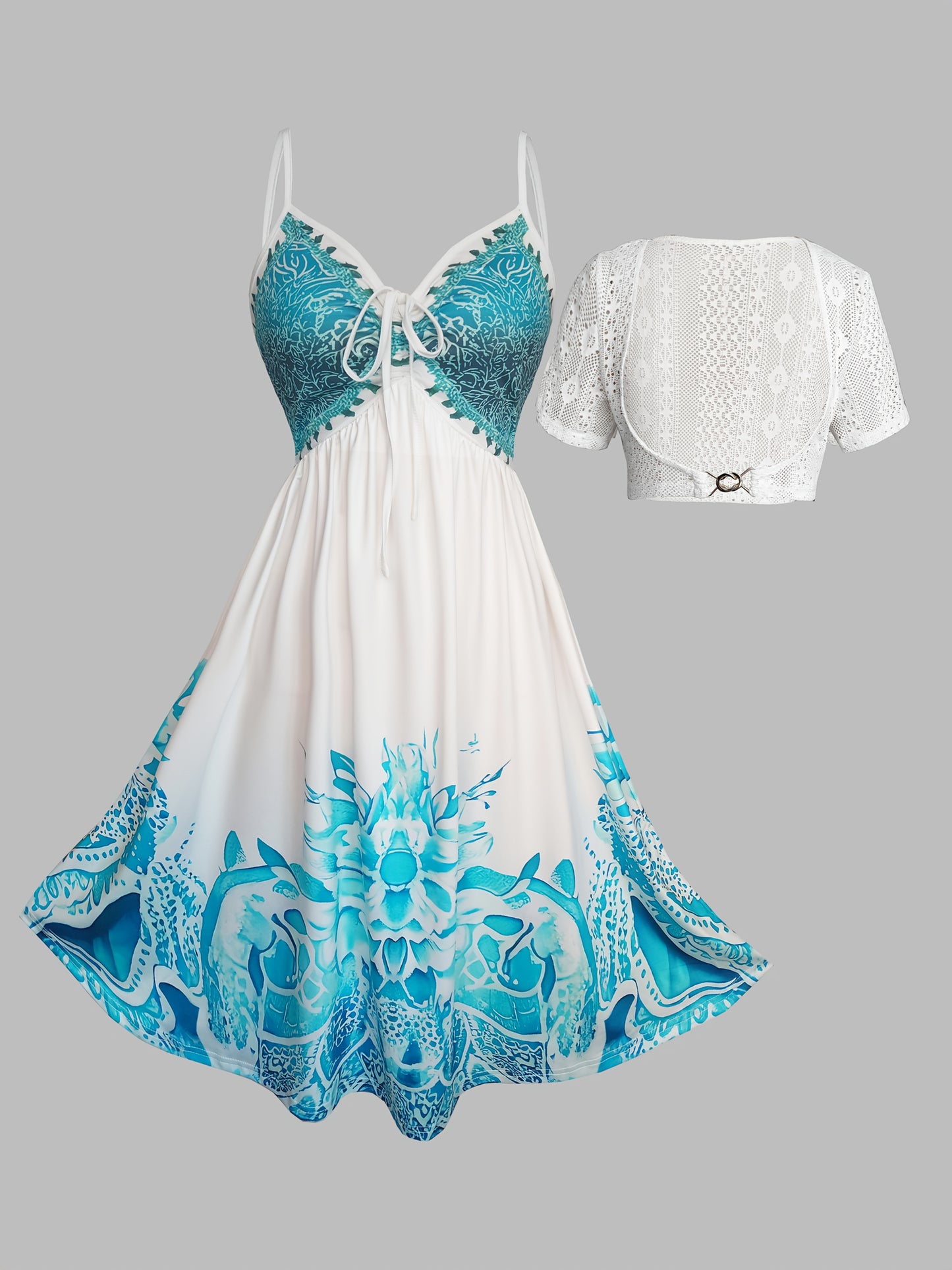 Vacation Ethnic Positioning Print Strap Skirt with Crochet Hollow Lace Short Outerwear Dress Two-Piece Set, Totem Print Vacation Two-Piece Dress Set, Spring and Summer Wearable Dress Two-Piece Set