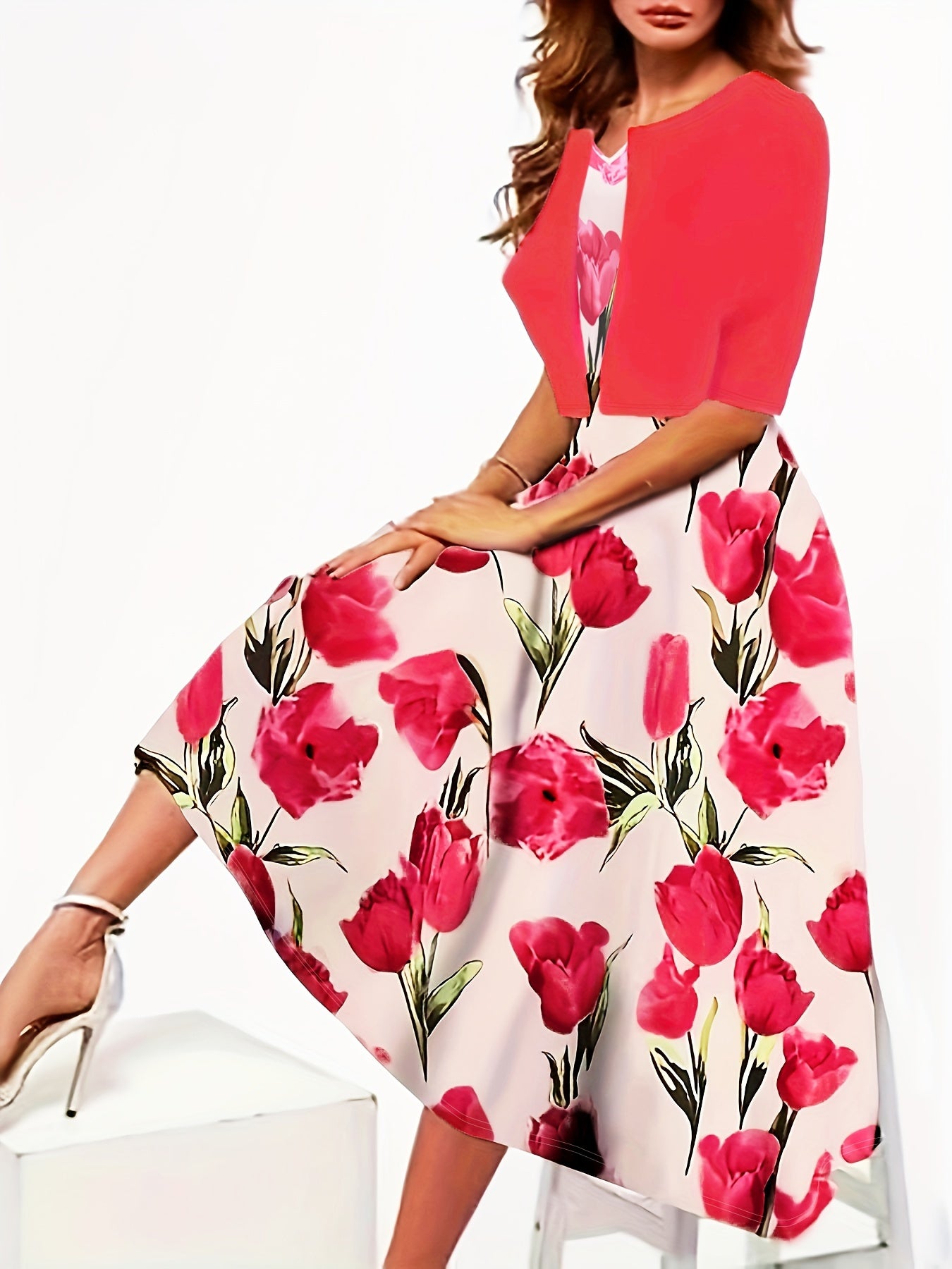 Plus Size Floral Print Two-piece Dress Set, V Neck Sleeveless Dress & Half Sleeve Open Front Top Outfits, Women's Plus Size Clothing