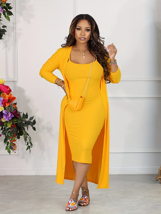Casual Solid Ribbed Two-piece Dress Set, Long Sleeve Cardigan & Bodycon Cami Dress Outfits, Women's Clothing