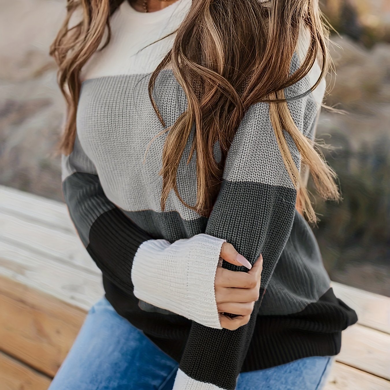 Striped Pattern Knitwear Tops, Crew Neck Long Sleeve Pullover Sweaters, Color Block Shirts, Women's Clothing