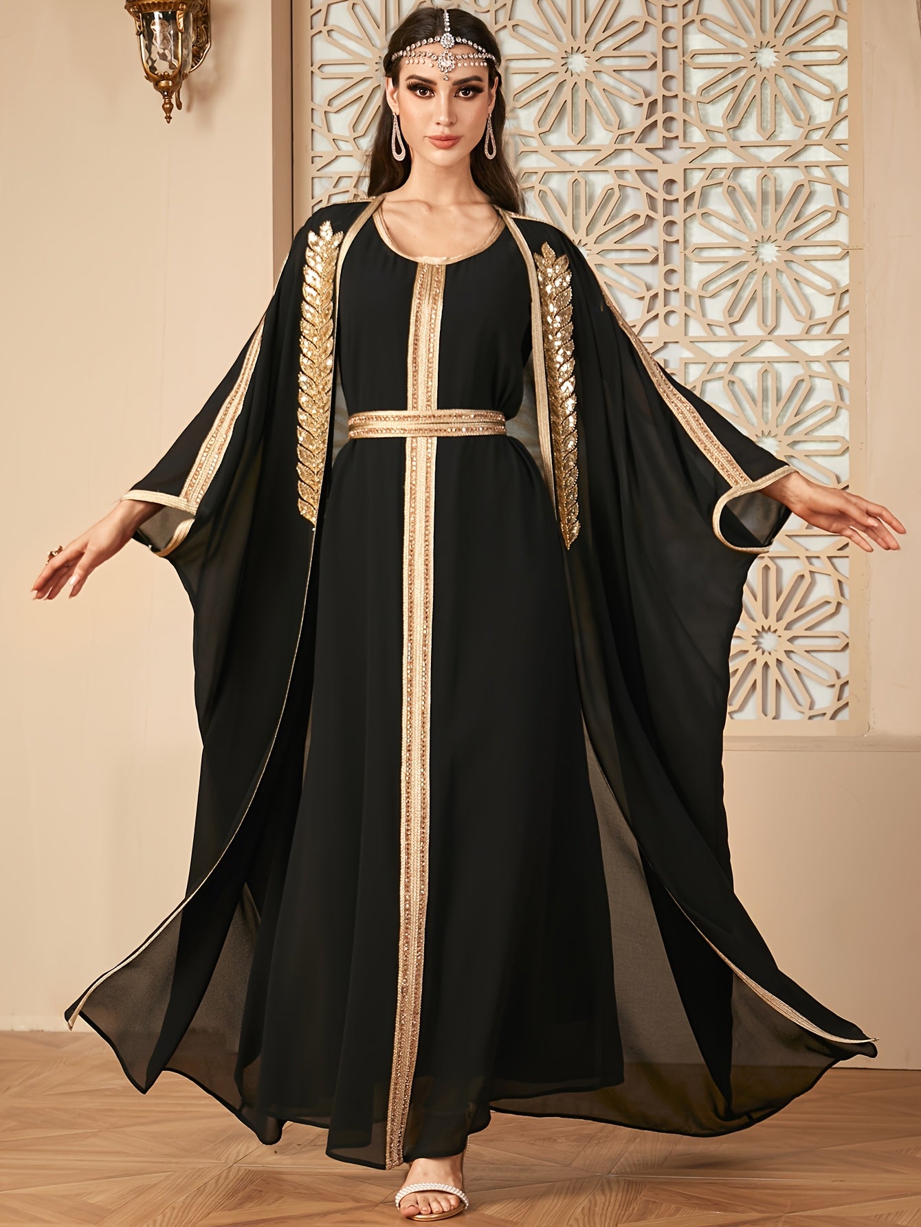 【Targeted】Middle East New Arrival Vest Dress + Open Cardigan Sequin Paneled Webbing Batwing Sleeve Long Robe Two-Piece Dress Set