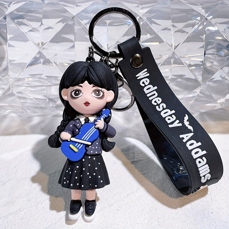 Wednesday Addams-Inspired Keychain, Doll Figure Accessory, Black With Polka Dots, Durable PVC Material, Perfect For Handbags And Party