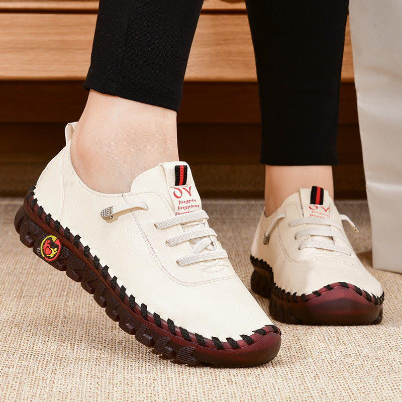 Women's Beige & Burgundy Round-Toe Casual Shoes - All-Season Synthetic Cover-like Upper with Cushioned PVC Sole, Round-Toe Walking Shoes for Square Dance, Dance Practice, Daily Wear - Comfortable Dress Footwear (Hand Washable