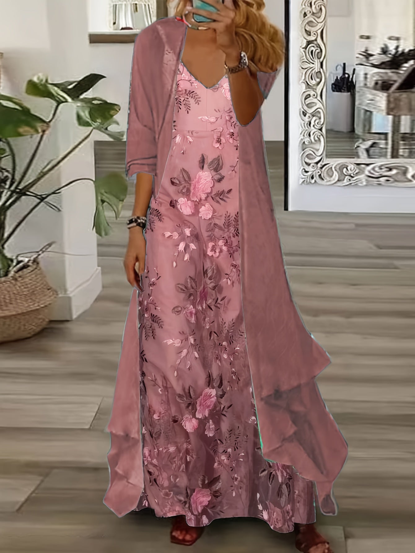 Women's Dress Set Two-Piece Dress Extra Long Dress 3/4 Sleeve Floral Print Halter Dress