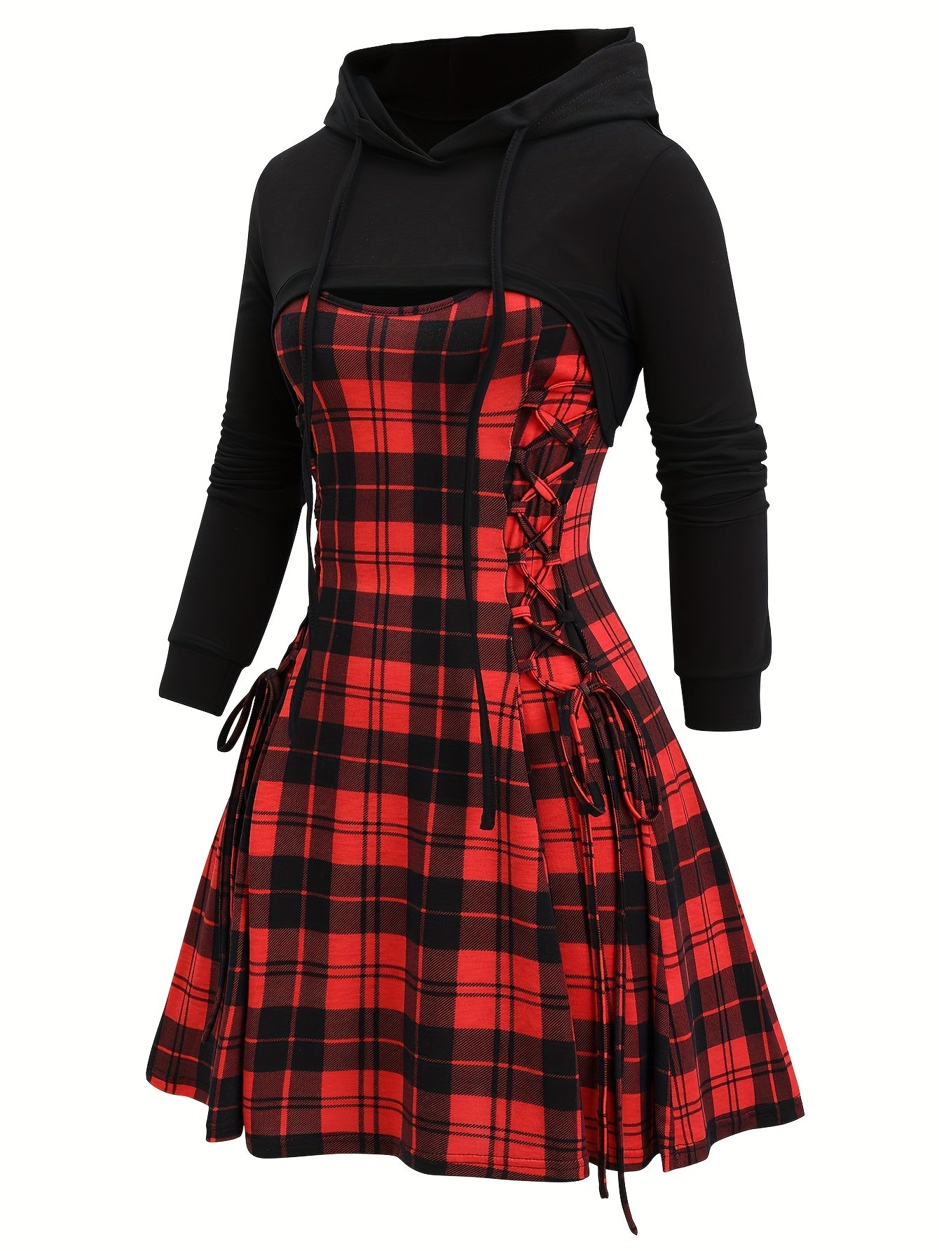 Casual Vintage Plaid Digital Print Long-Sleeve Two-Piece Dress.