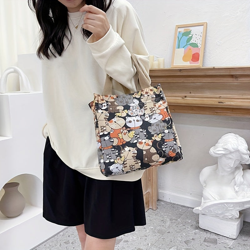 Cartoon Canvas Handbags, Cat Print Lunch Box Bag, Portable Storage Handbags For Work School