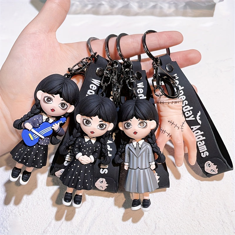 Wednesday Addams-Inspired Keychain, Doll Figure Accessory, Black With Polka Dots, Durable PVC Material, Perfect For Handbags And Party