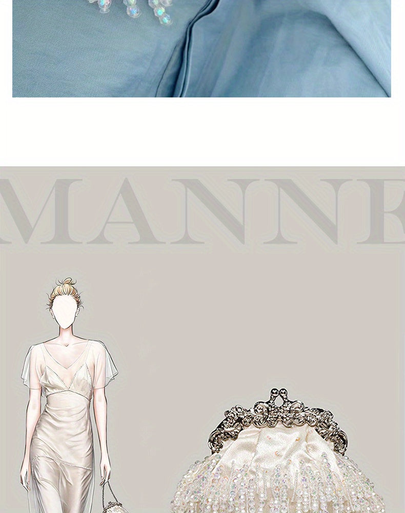 Beaded Crystal Evening Bag For Women, Tassel Decor Kiss Lock Clutch Purse, Elegant Satin Handbags For Wedding Prom Party