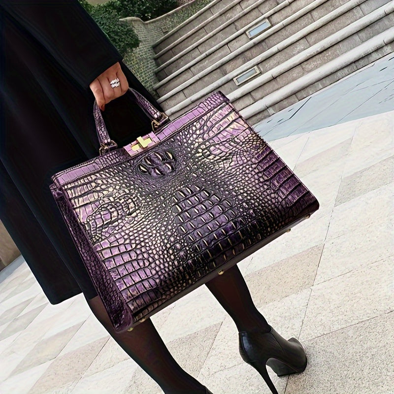 Elegant Crocodile-Embossed Tote Bag For Women - Chic Pu Leather Shoulder Handbag With Secure Twist Lock Closure, Perfect For Work & Everyday Fashion Leather Handbags For Women Leather Handbag