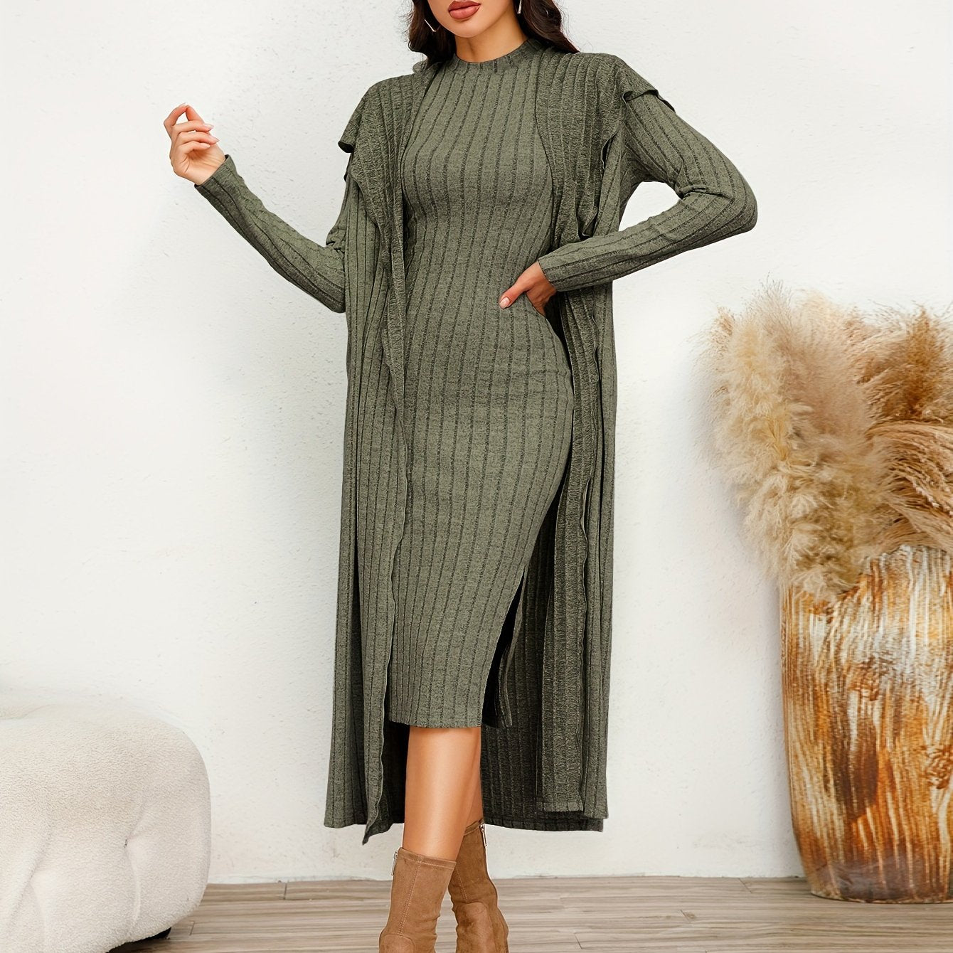 Chic Ribbed Two-piece Dress Set - Solid Color Sleeveless Tank & Ruffle-Trim Long Sleeve Cardigan - Womens Casual to Dressy Outfit