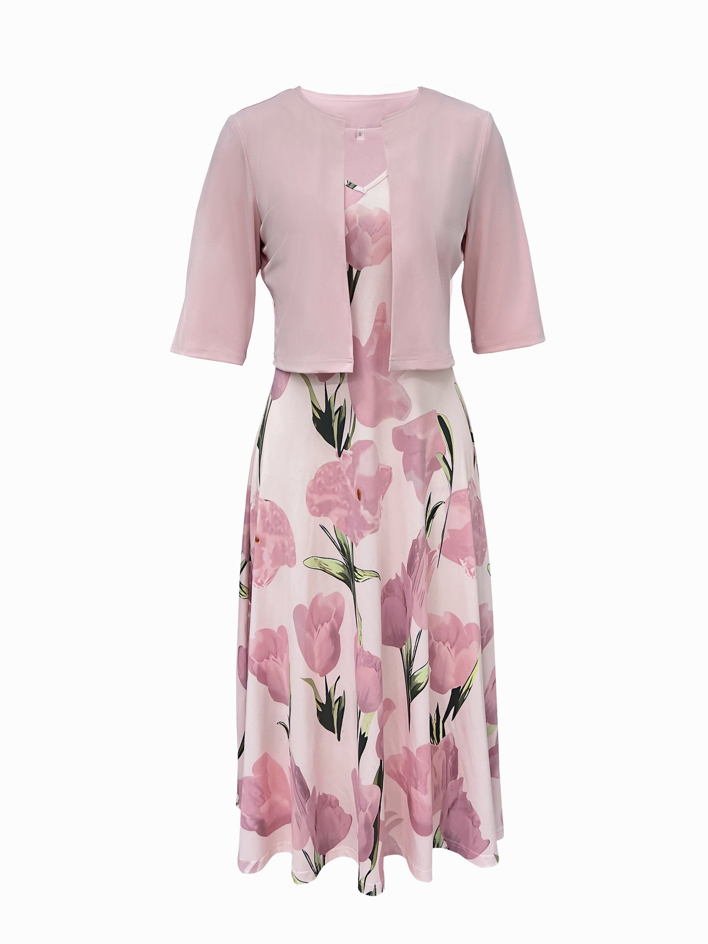 Plus Size Floral Print Two-piece Dress Set, V Neck Sleeveless Dress & Half Sleeve Open Front Top Outfits, Women's Plus Size Clothing