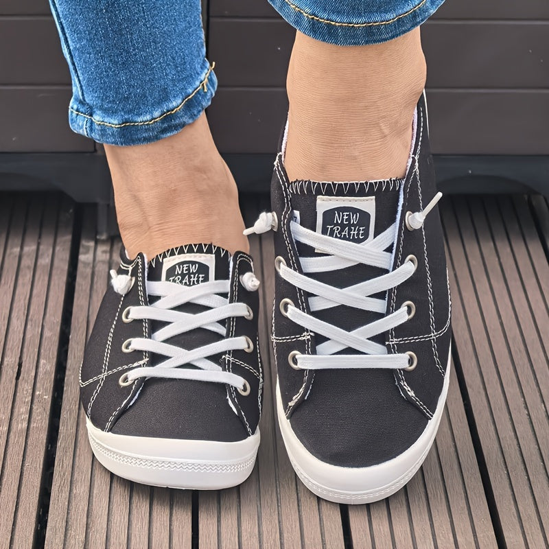 Women's Black Fashion Canvas Shoes, Flat Comfortable Breathable Light Round-headed Lace Casual Large Women's Shoes Cloth Shoes