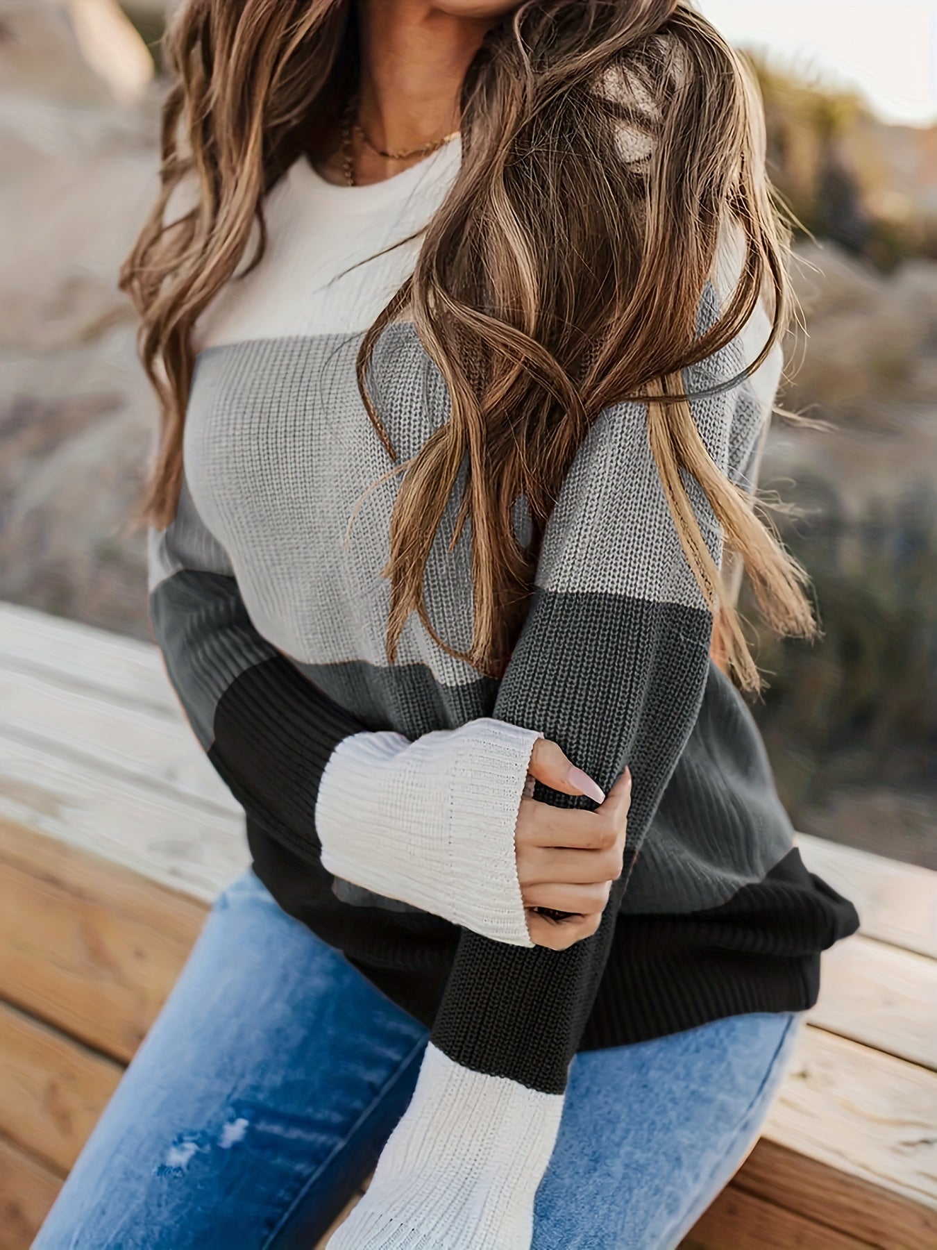 Striped Pattern Knitwear Tops, Crew Neck Long Sleeve Pullover Sweaters, Color Block Shirts, Women's Clothing