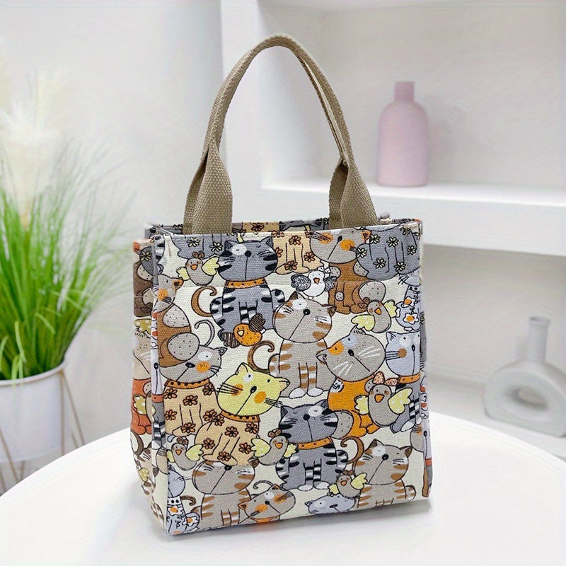 Cartoon Canvas Handbags, Cat Print Lunch Box Bag, Portable Storage Handbags For Work School