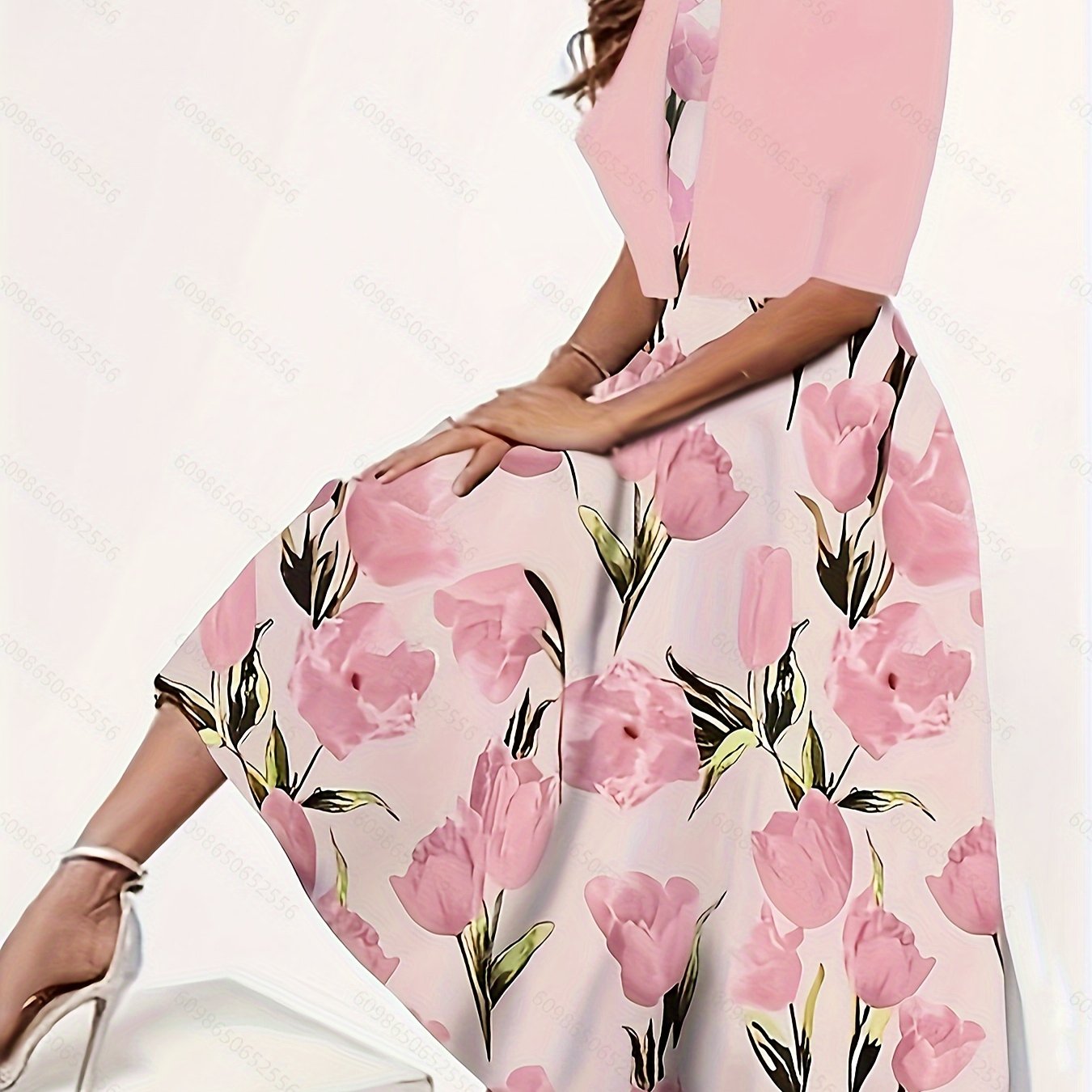 Plus Size Floral Print Two-piece Dress Set, V Neck Sleeveless Dress & Half Sleeve Open Front Top Outfits, Women's Plus Size Clothing