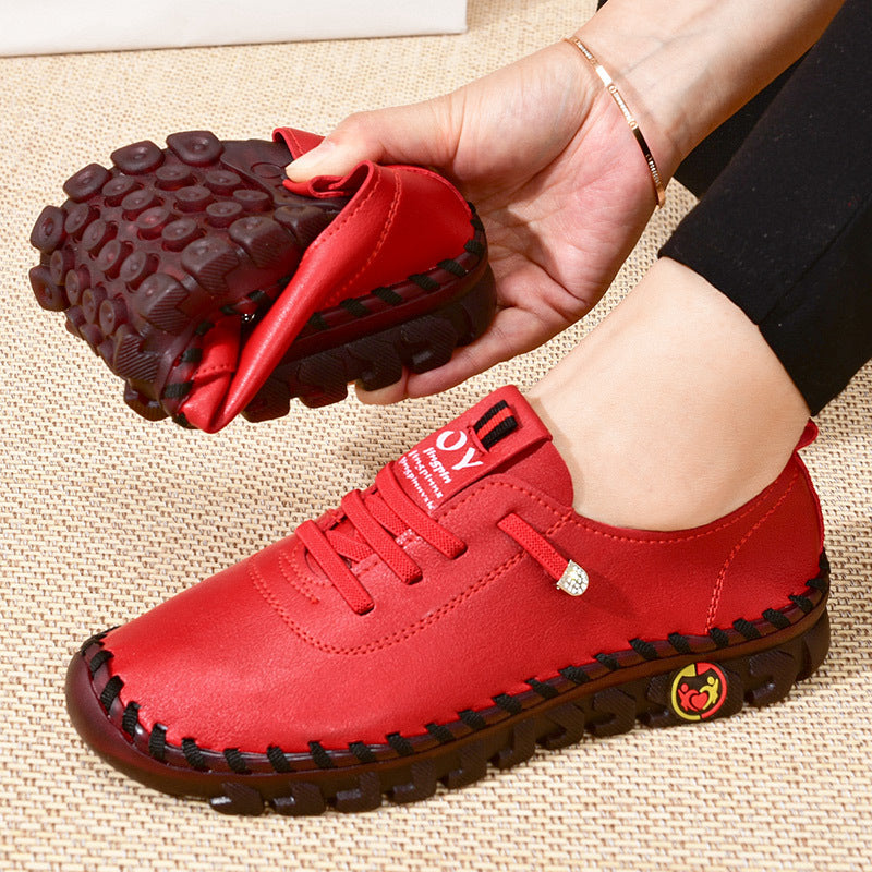 Women's Beige & Burgundy Round-Toe Casual Shoes - All-Season Synthetic Cover-like Upper with Cushioned PVC Sole, Round-Toe Walking Shoes for Square Dance, Dance Practice, Daily Wear - Comfortable Dress Footwear (Hand Washable