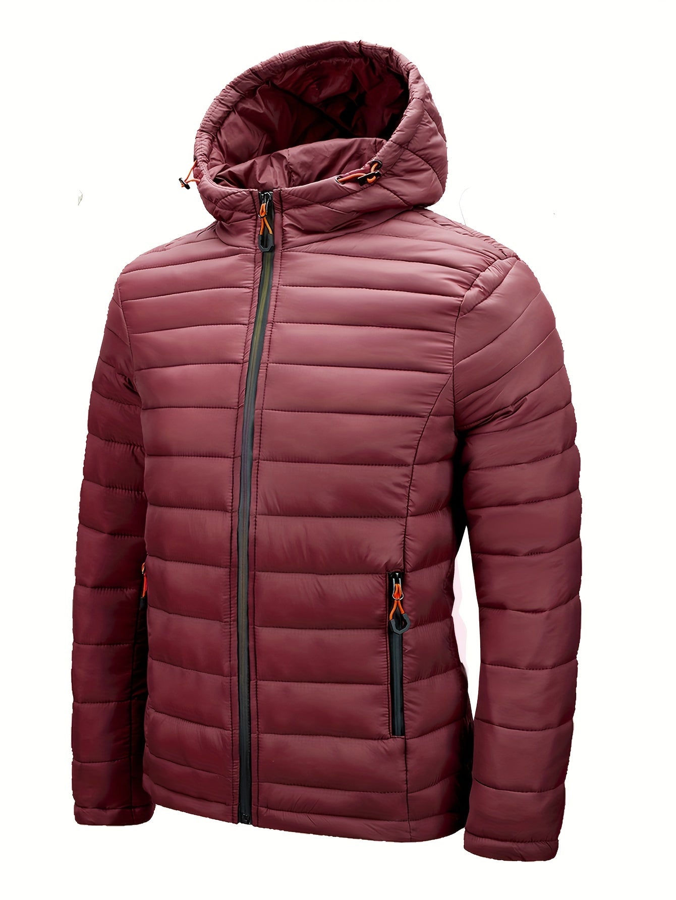 Men's Lightweight Nylon Winter Jacket - Casual Green Hooded Coat with Colorful Zipper Pockets, Warm Quilted Design, Long Sleeves, Non-Stretch Fabric for Casual Attire, Everyday Jacket|Hooded Quilted Coat|Nylon Quilted Jacket