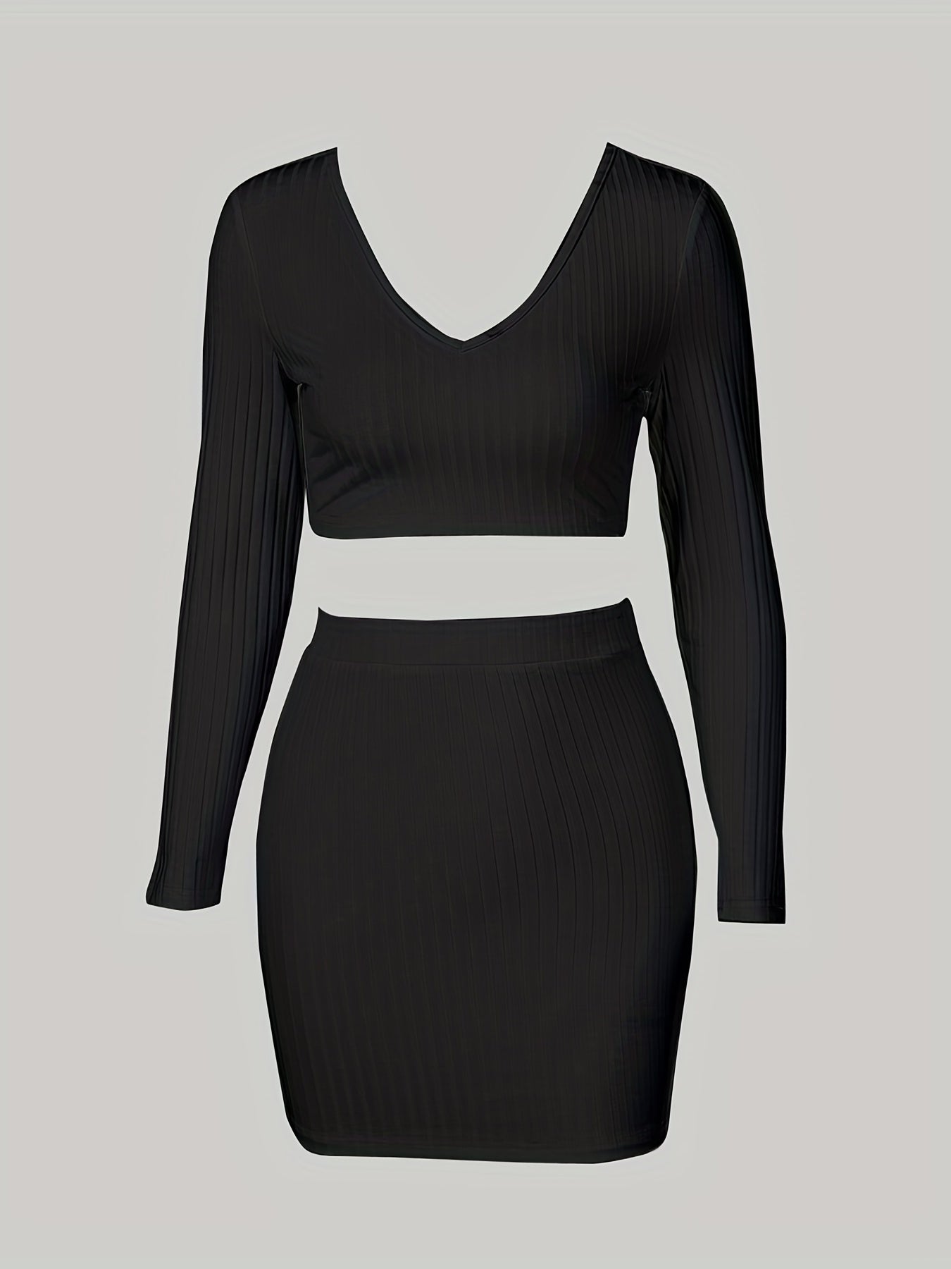 Two-piece Set, Long Sleeve V Neck Crop Tops & Bag Hip Skirts Outfits, Solid Sexy Women's Clothing