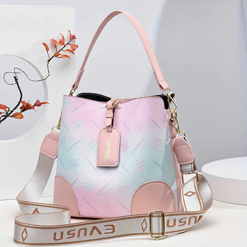 Trendy Ombre Bucket Bag, Letter Print Handbag, Fashion Buckle Decor Handbags, Women'S Every Day Purses