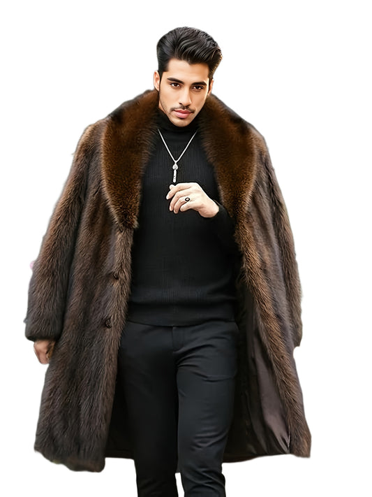 Trendy Men's Faux Fur Single-Breasted Overcoat, Warm Winter Jacket for Autumn Outdoor Leisurewear