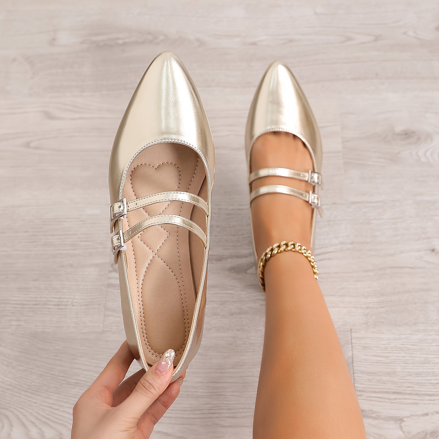 Pointed Red Single Shoes for Women Mary Jane Flat Versatile Retro Soft Cover with One-Word Buckle and Airy Choker Light Mouth Golden French Women's Shoes