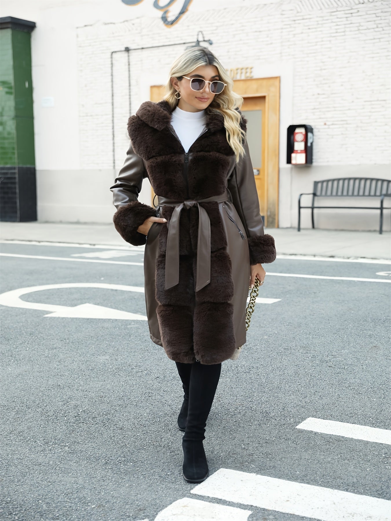 Women's Elegant Faux Fur-Trimmed PU Leather Hooded Coat - Warm Long Winter Jacket with Belt, Brown, Casual Fall/Winter Outerwear, Winter Coat