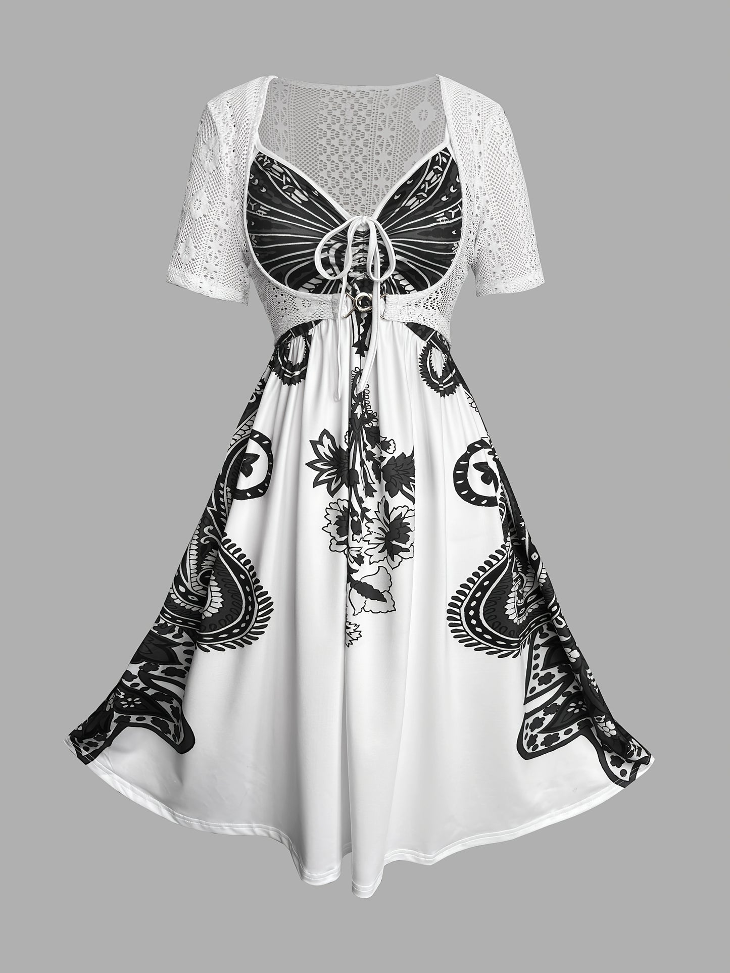 Vacation Ethnic Positioning Print Strap Skirt with Crochet Hollow Lace Short Outerwear Dress Two-Piece Set, Totem Print Vacation Two-Piece Dress Set, Spring and Summer Wearable Dress Two-Piece Set