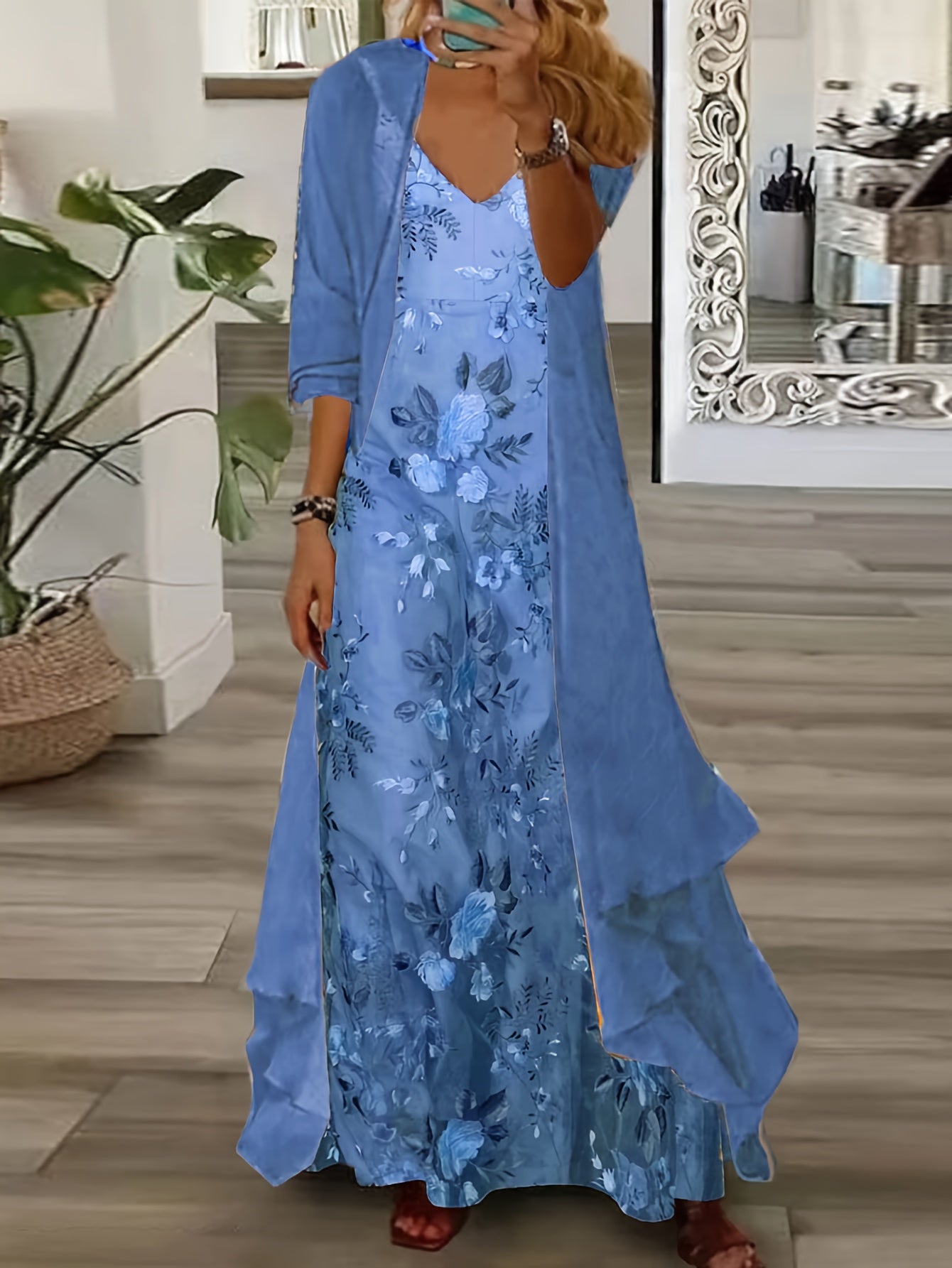 Women's Dress Set Two-Piece Dress Extra Long Dress 3/4 Sleeve Floral Print Halter Dress