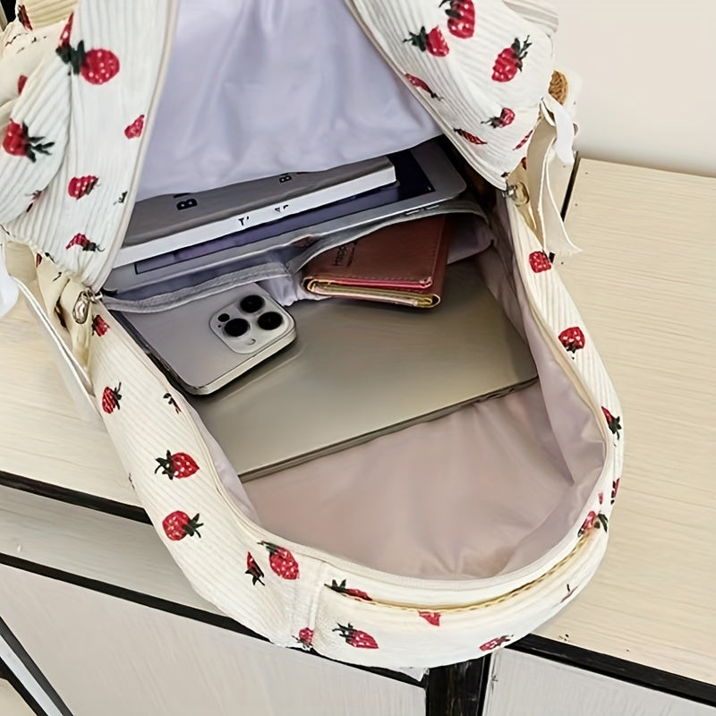 Women's Floral & Ladybug Print Backpack with Plush Fleece Lining - Adjustable Strap, Soft Shell School Backpack with Heart Cutouts & Pom-Pom Charm, Beige & Red Design, Zipper Closure, Lining & Fleece Exterior for Casual, Coll