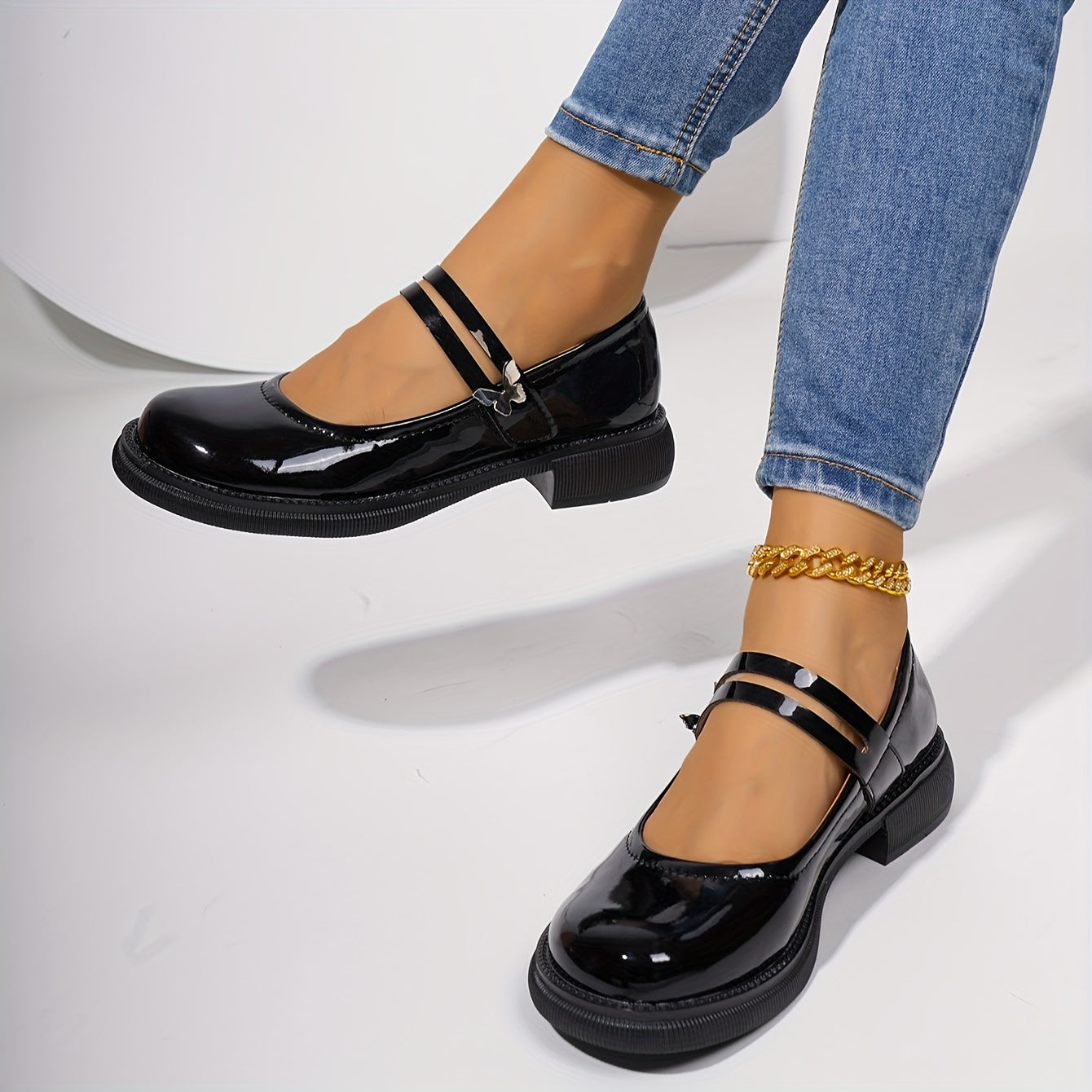Elegant Black Mary Jane - Chic Comfort Women's Shoes with Golden Buckle, Round Toe, and Comfortable Rubber Sole - Versatile All-Season PU Cover Flats, Ladies Shoes