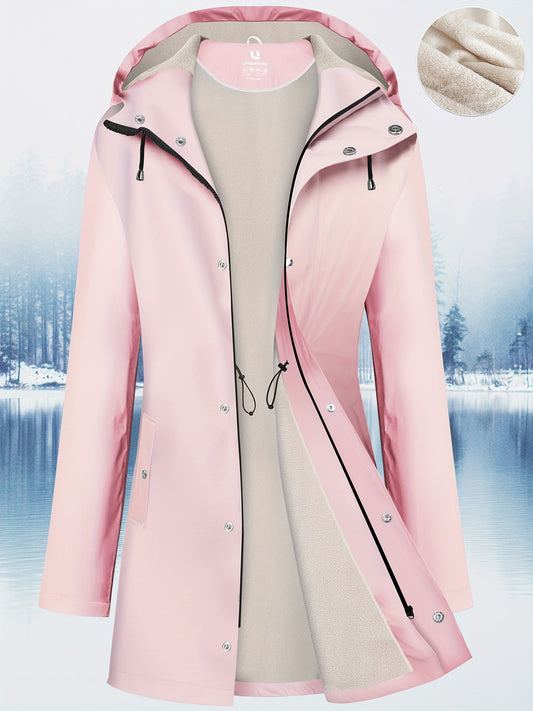 Women's Winter Jacket Raincoat With Fleece Lining, Casual Style, Waterproof, Adjustable Cuffs & Drawstring Waist, Thermal Reflective Fabric, Breathable Hooded Outerwear