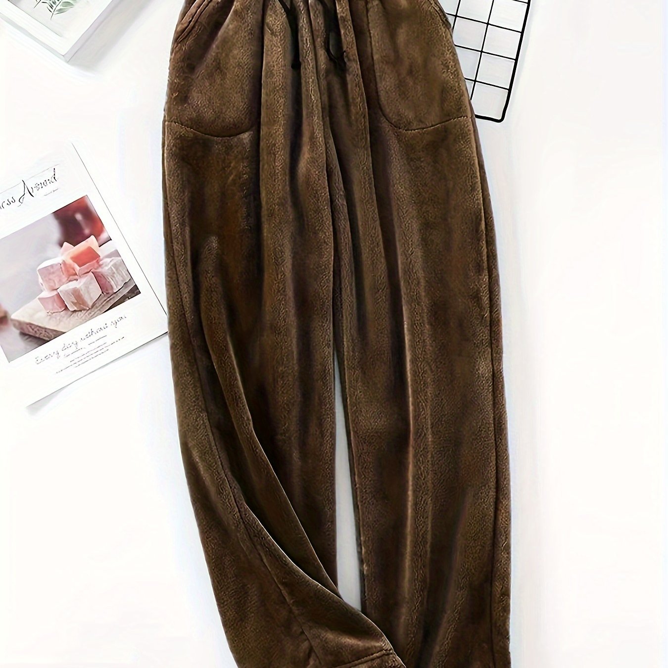 Plus Size Men's Simple Style Casual Pajamas Bottoms Loose Pants, Solid Plush Thickened Warm Pants Home Pajamas Bottom