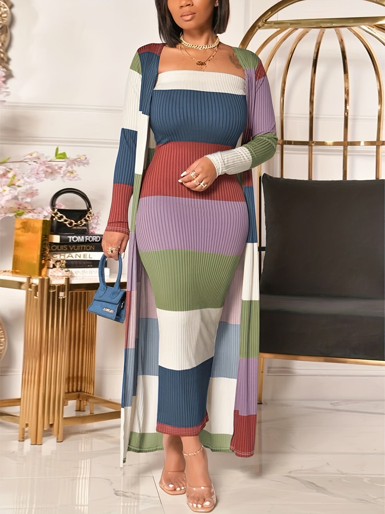 Stripe Print Two-piece Dress Set, Sleeveless Tube Dress & Open Front Long Sleeve Cardigan Outfits, Women's Clothing