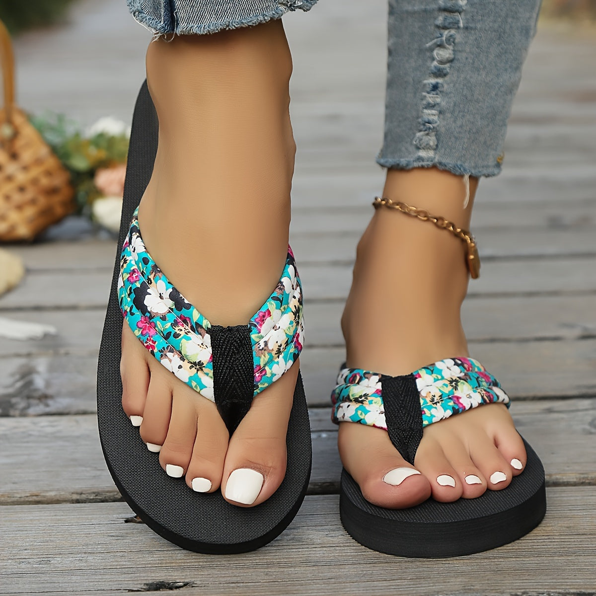 Women's beach flip-flops with flowers, comfortable High Quality platform slippers, popular summer Women's shoes flip-flops