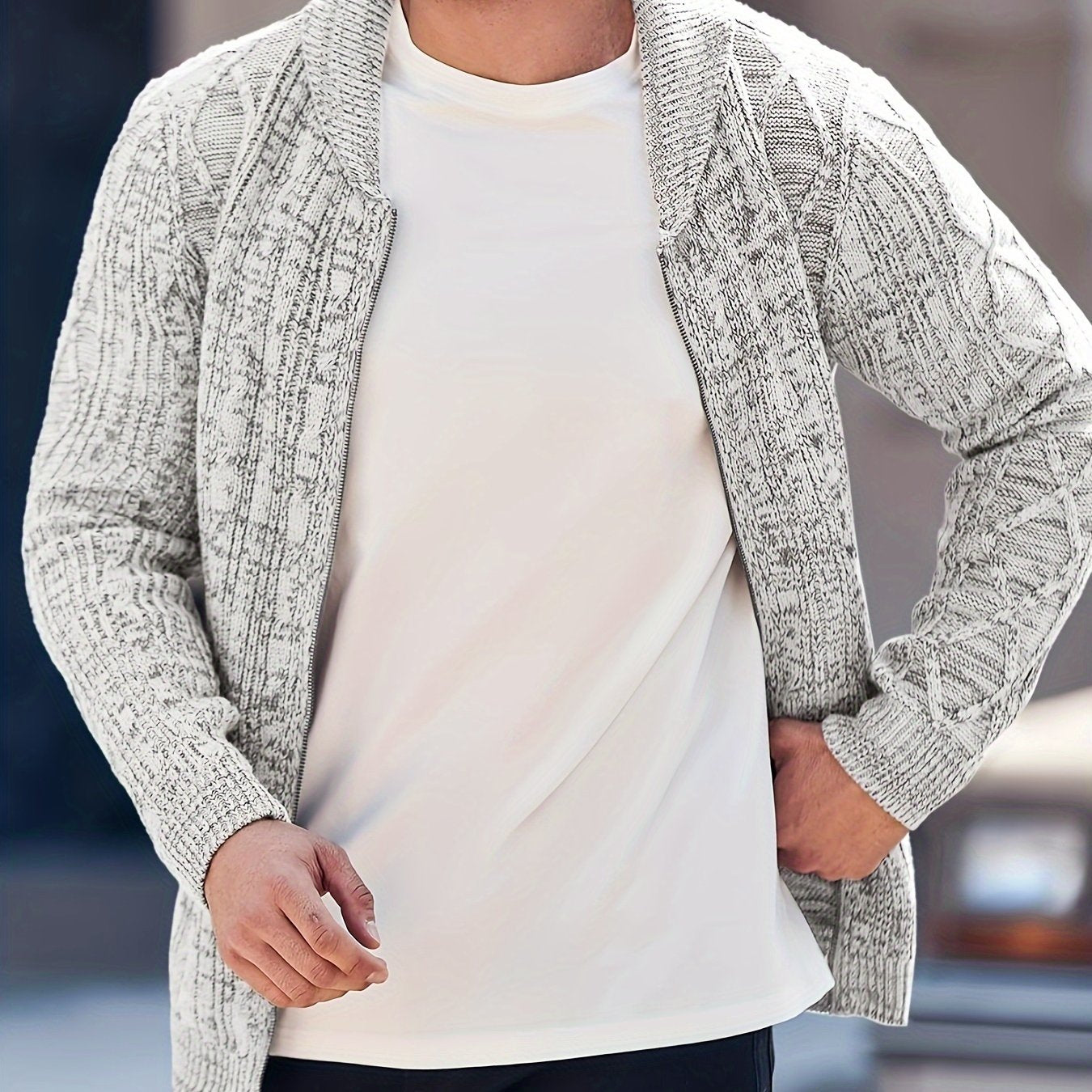 Mens Shawl Neck Cardigan Sweater Cable Knit Zip Up Closure with Pockets Winter Jacket Outerwear