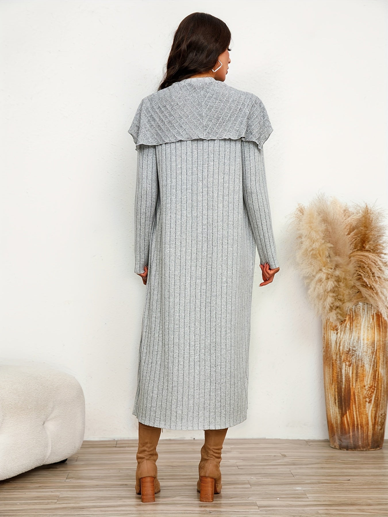Chic Ribbed Two-piece Dress Set - Solid Color Sleeveless Tank & Ruffle-Trim Long Sleeve Cardigan - Womens Casual to Dressy Outfit