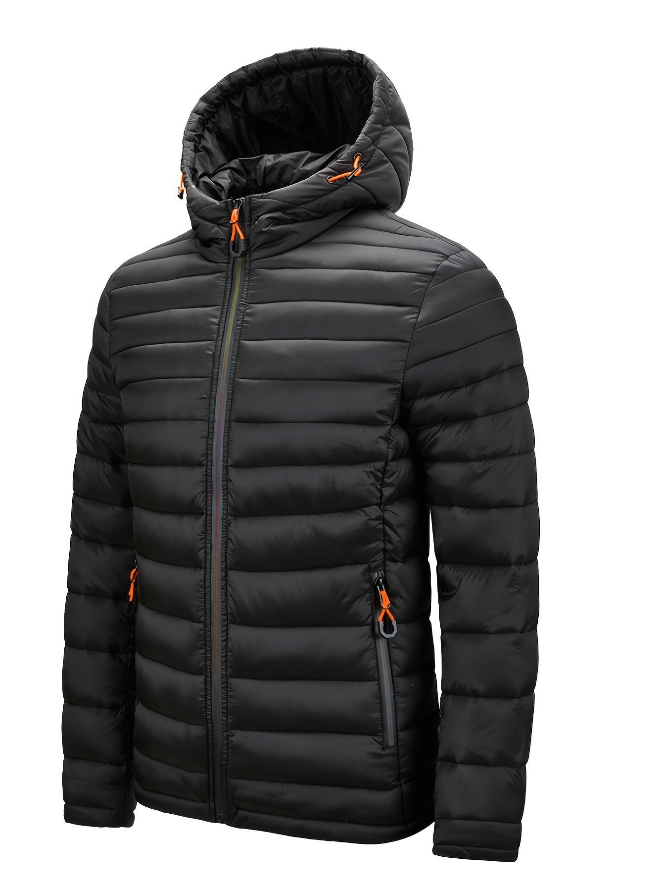 Men's Lightweight Nylon Winter Jacket - Casual Green Hooded Coat with Colorful Zipper Pockets, Warm Quilted Design, Long Sleeves, Non-Stretch Fabric for Casual Attire, Everyday Jacket|Hooded Quilted Coat|Nylon Quilted Jacket