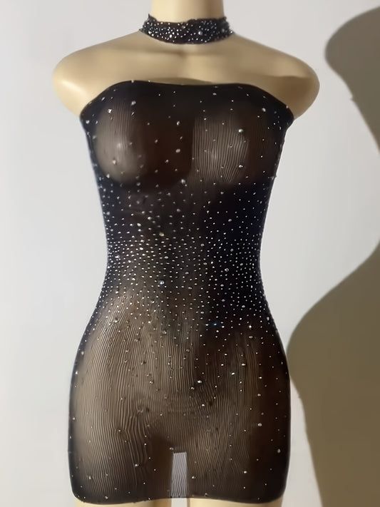 Sexy Bodycon Rhinestone Dress for Women - Sparkling Design, Form-Fitting Silhouette, No Lingerie or Underpants Needed, Perfect for Night Out or Party Occasions