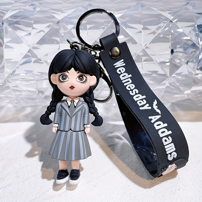 Wednesday Addams-Inspired Keychain, Doll Figure Accessory, Black With Polka Dots, Durable PVC Material, Perfect For Handbags And Party