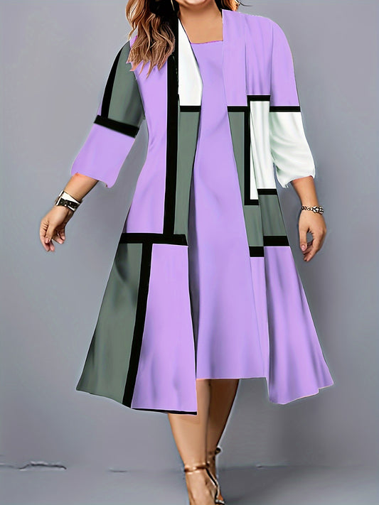 Plus Size Geometric Print Two-piece Dress Set, Crew Neck Tank Dress & 3/4 Sleeve Open Front Top Outfits, Women's Plus Size Clothing