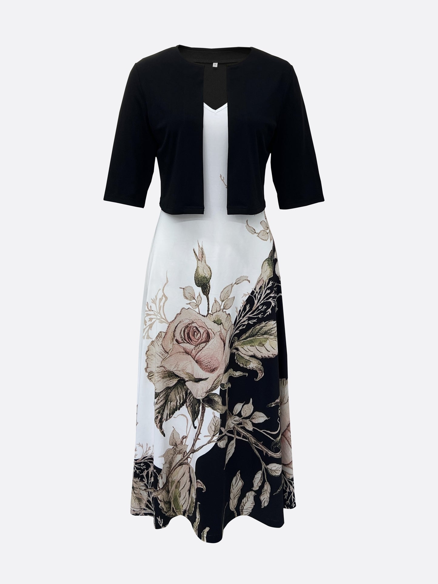Elegant Two-piece Dress Set, Crop Half Sleeve Top & Floral Print Tank Dress Outfits, Women's Clothing
